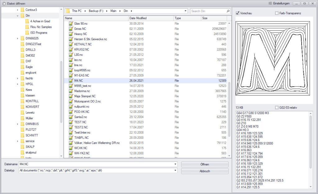Die cncGraF 8 CNC-Steuerung verfügt über einen 'Datei-Öffnen'-Dialog mit integriertem Vorschaufenster.
