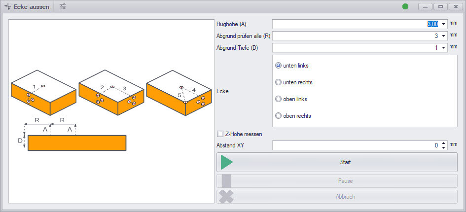 Funktion zur Bestimmung der Ecken mittels 3D-Taster in der CNC-Software.