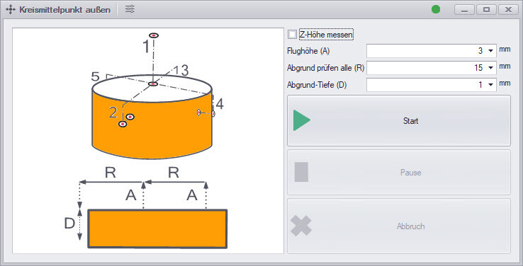 Funktionsdialog in der cncGraF 8 zur Bestimmung der äußeren Kreismitte mit einem 3D-Taster.