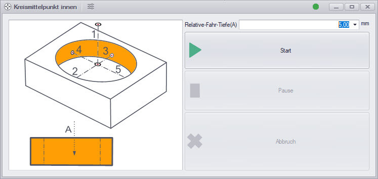 Funktionsdialog in der cncGraF 8 zur Bestimmung der inneren Kreismitte mit einem 3D-Taster.