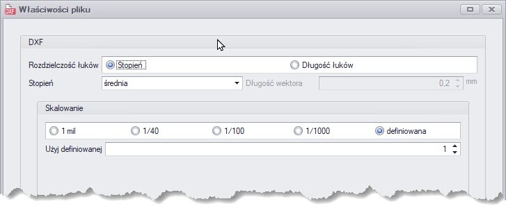 Die Einstellungsoption für DXF-Dateien in cncGraF mit der Einheit 1:1.