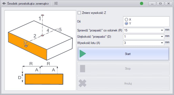 cncGraF: Określenie środka prostokąta  zewnątrz włącznie z wysokością Z za pomocą czujnika 3D